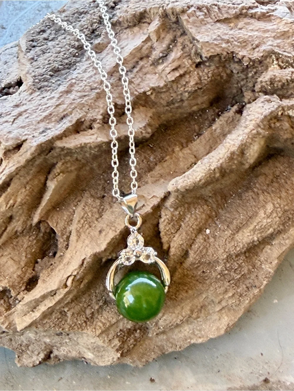 New Rare Jadeite Stone Green 925 Sterling Silver White Sapphire Artisan Necklace